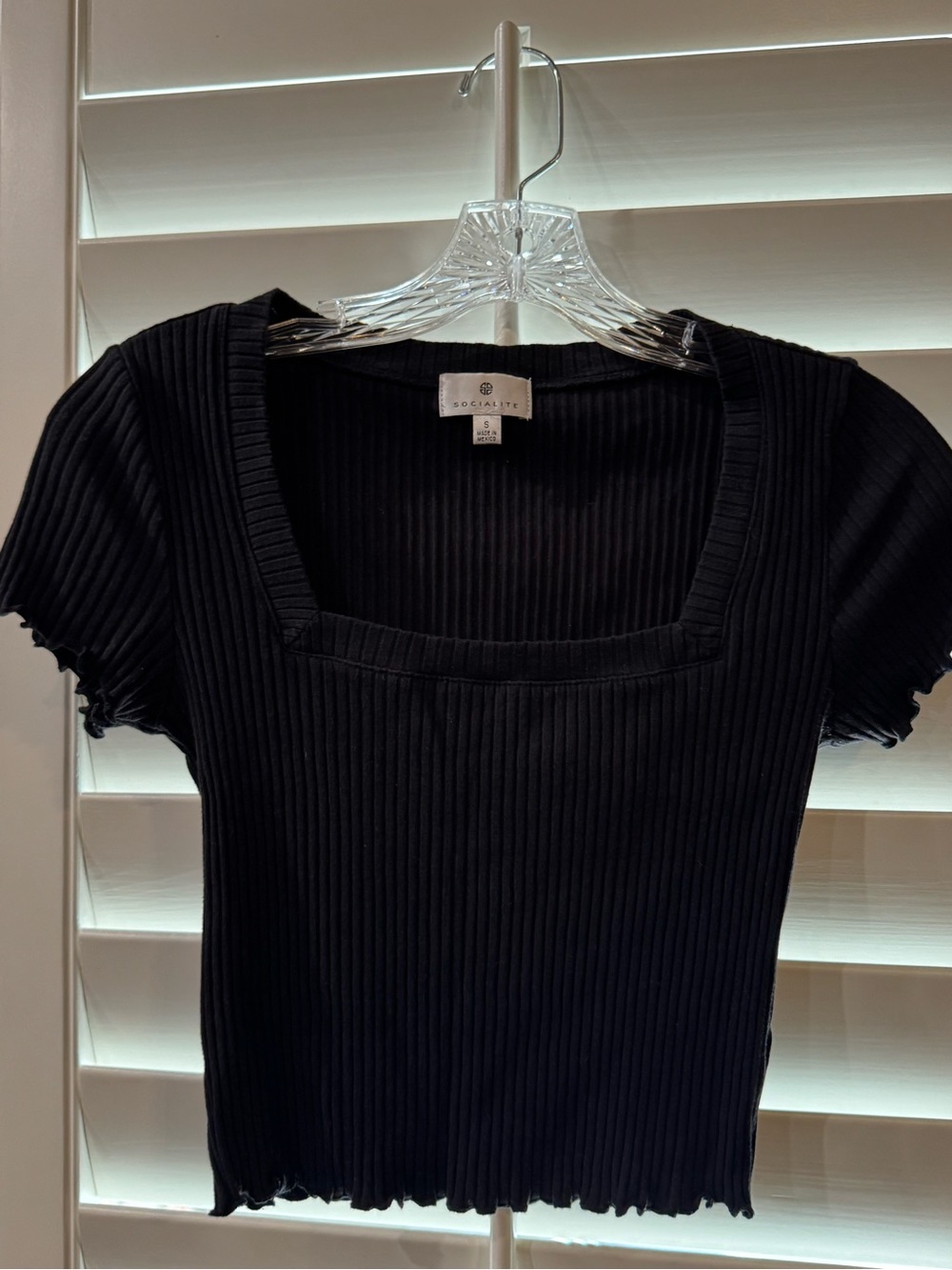 Socialite Black Ribbed Square Neck Short Sleeve Top
